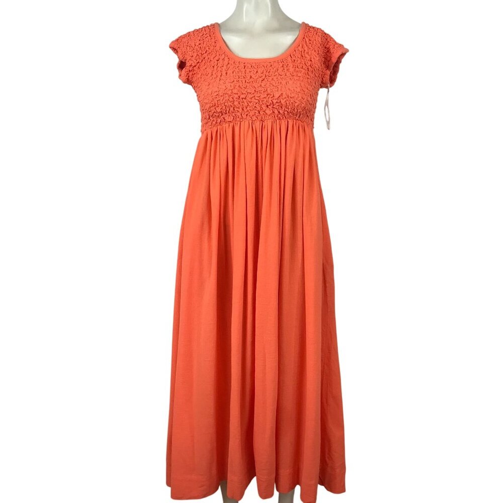 FREE PEOPLE- WOMEN'S MEDIUM - ORANGE ALL EYES ON YOU MIDI SMOCKED DRESS